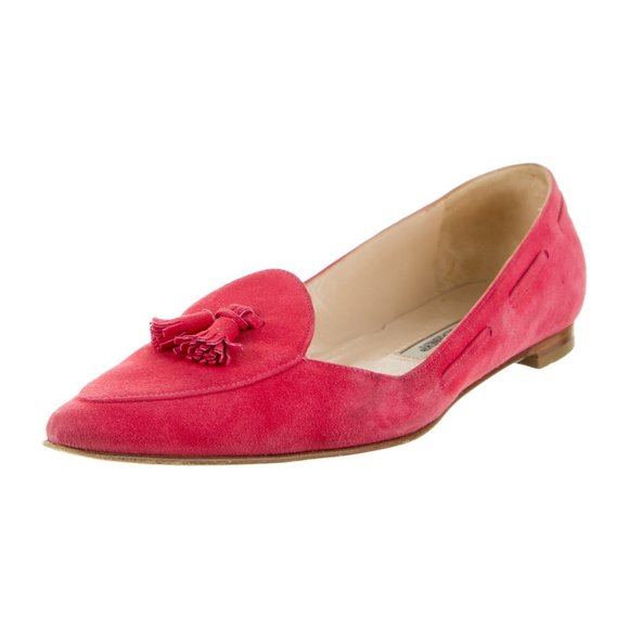 Manolo Blahnik pink suede tassel accent pointed toe flat loafers size 36.5 - Picture 1 of 5